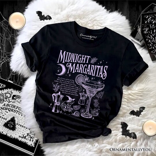 OrnamentallyYou; Midnight Margaritas Halloween T-Shirt, Whimsical Tee for Drinking Witches; Category:Halloween T-Shirts; Image:1